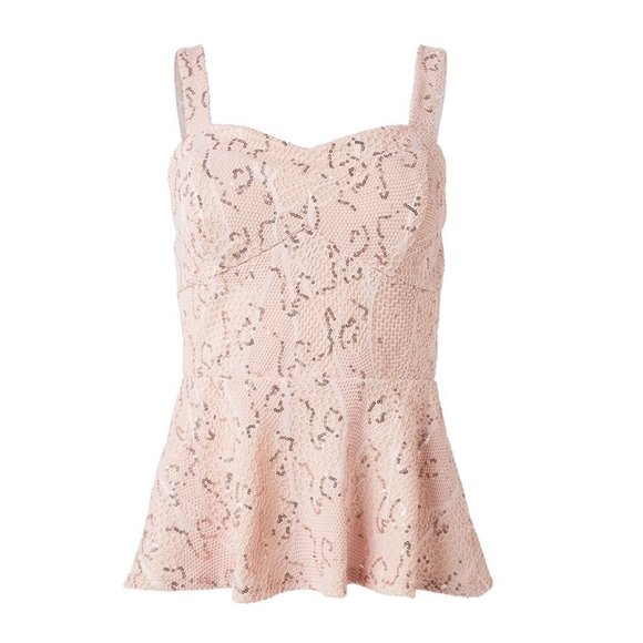 VENUS Tops - Venus Blush Pink Sequin Lace Sweetheart Peplum Top